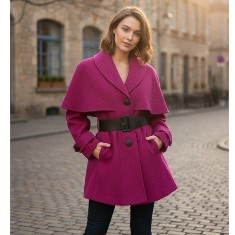 Vtg Lorovi Caped Coat Women's Size 6 Wool Pink Belted Button Front Dressy Retro